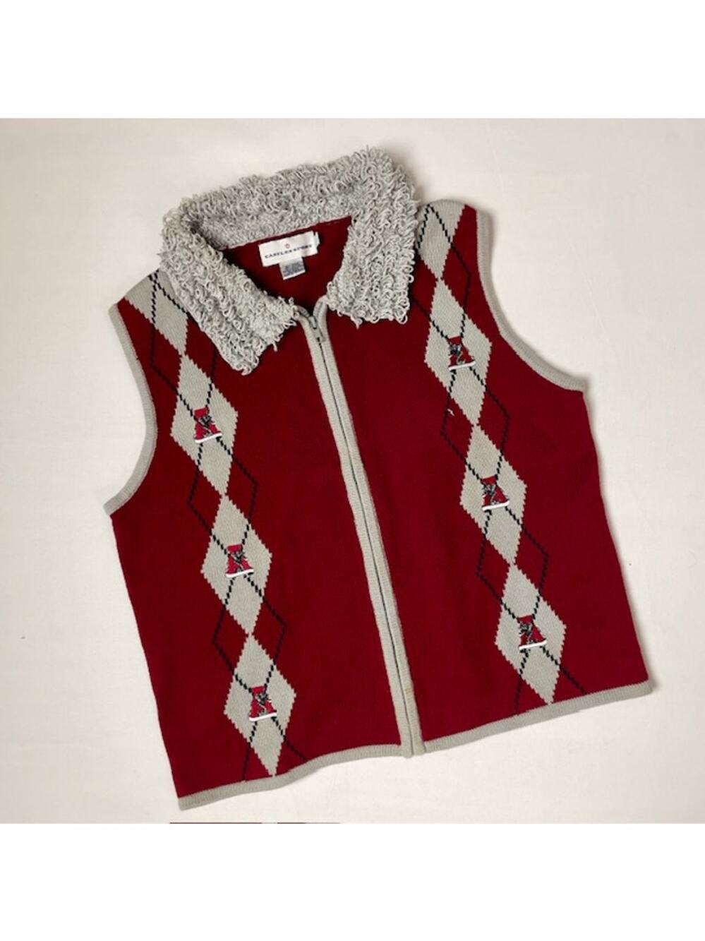 Vintage 90s Elephant Argyle Sweater Vest Sherpa Collar Quirky Preppy Eclectic